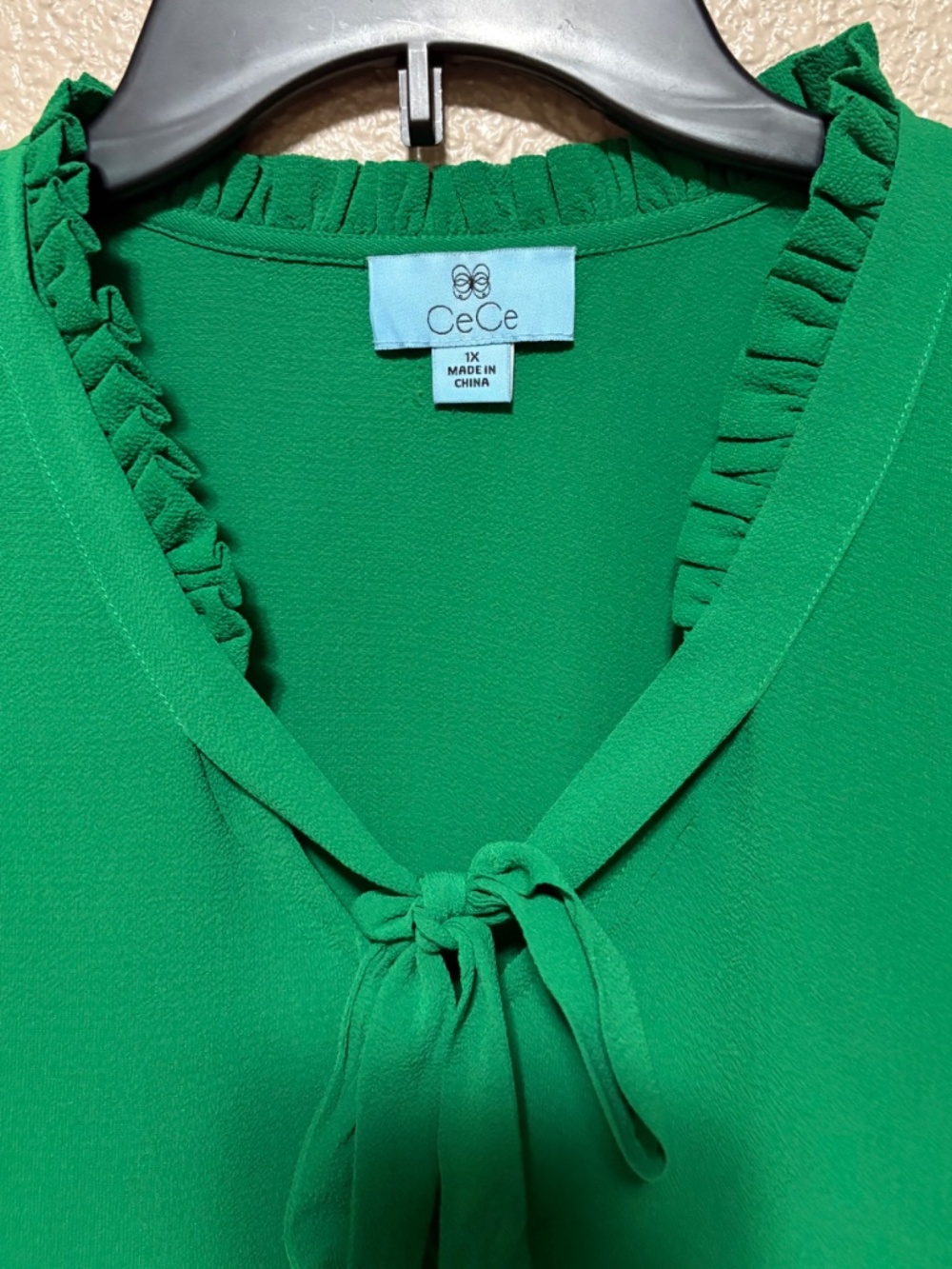 CeCe Green Pleated Ruffle Tie Neck Blouse - Picture 2 of 9